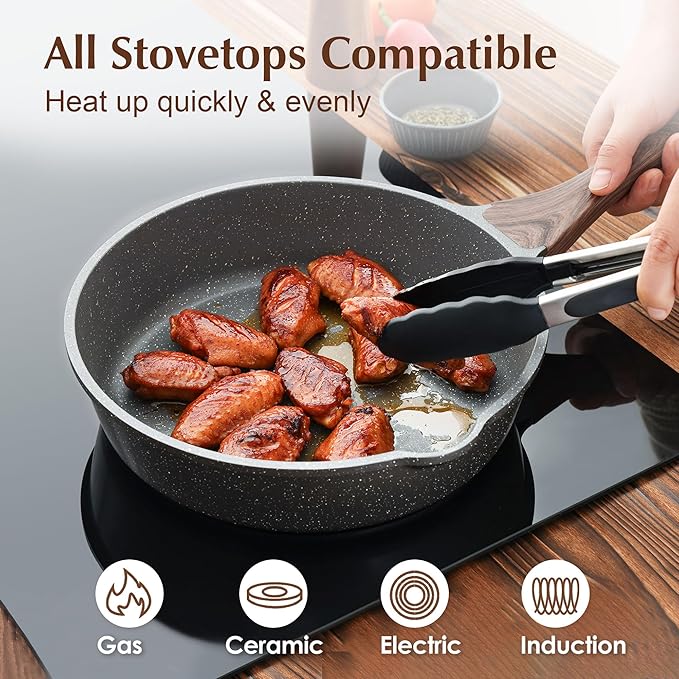 Deep Nonstick Stone Skillet with Lid — 10"/11"/12" Sauté Pan, Induction Compatible