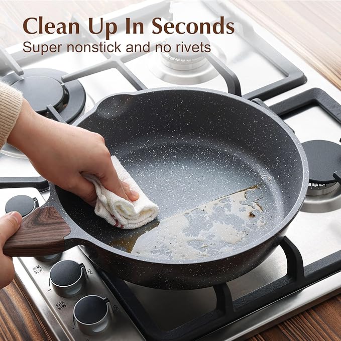 Deep Nonstick Stone Skillet with Lid — 10"/11"/12" Sauté Pan, Induction Compatible