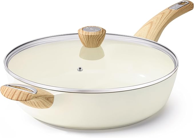 12" Ceramic Nonstick Deep Frying Pan with Lid — 5 Qt Sauté Pan, PFAS PTFE PFOA Free