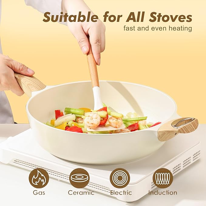 12" Ceramic Nonstick Deep Frying Pan with Lid — 5 Qt Sauté Pan, PFAS PTFE PFOA Free
