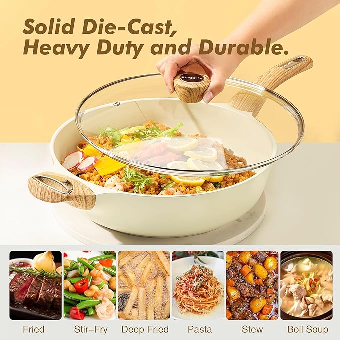 12" Ceramic Nonstick Deep Frying Pan with Lid — 5 Qt Sauté Pan, PFAS PTFE PFOA Free