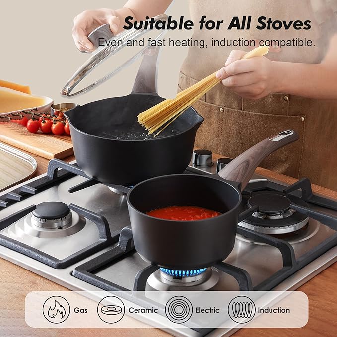 Nonstick Saucepan Set with Lids — 1.5 Qt & 2.5 Qt with Pour Spout, PFOA Free