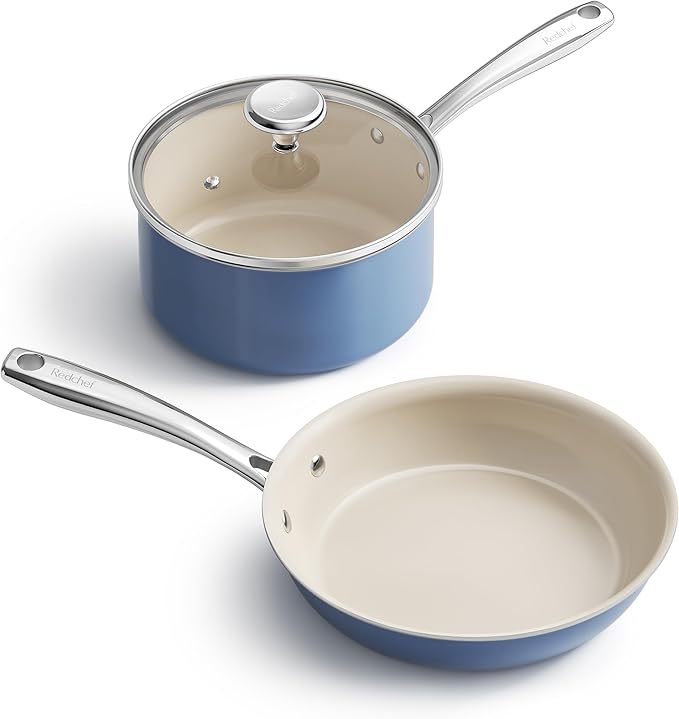 2-Piece Ceramic Cookware Set — 8" Frying Pan & 2.5 Qt Saucepan with Lids, PTFE & PFOA Free, Blue