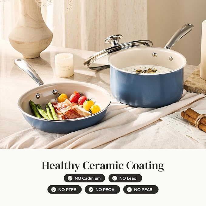 2-Piece Ceramic Cookware Set — 8" Frying Pan & 2.5 Qt Saucepan with Lids, PTFE & PFOA Free, Blue