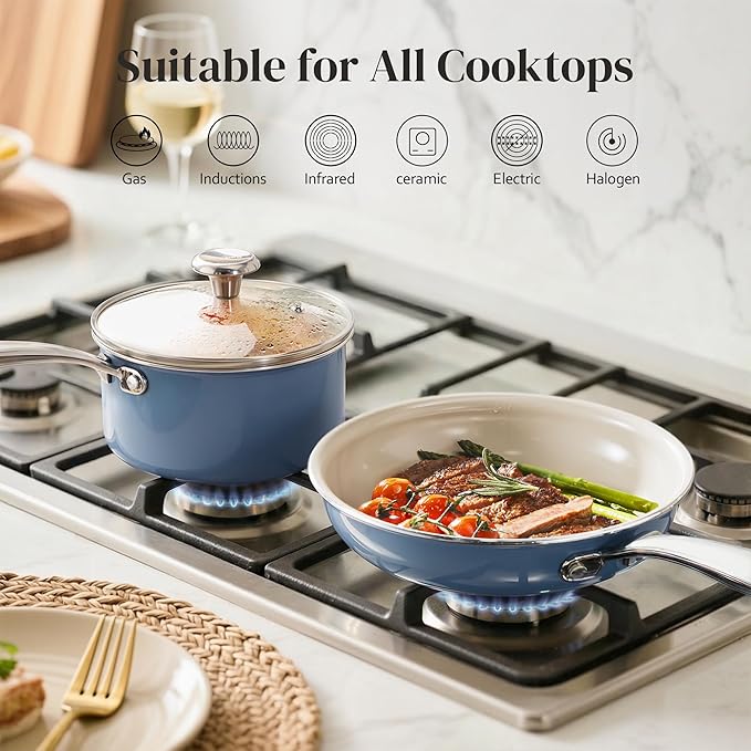 2-Piece Ceramic Cookware Set — 8" Frying Pan & 2.5 Qt Saucepan with Lids, PTFE & PFOA Free, Blue