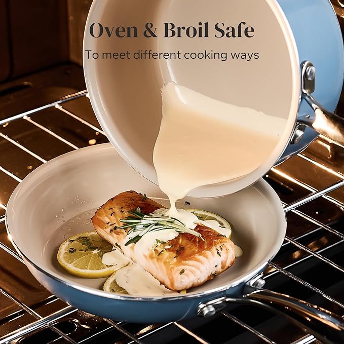 2-Piece Ceramic Cookware Set — 8" Frying Pan & 2.5 Qt Saucepan with Lids, PTFE & PFOA Free, Blue