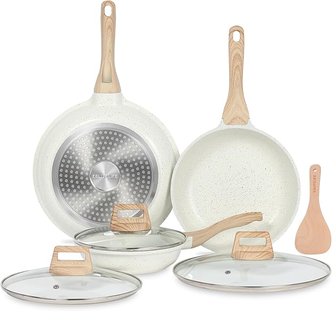 Ceramic Nonstick Frying Pan Set with Lids — PTFE & PFOA Free, All Stovetops, White
