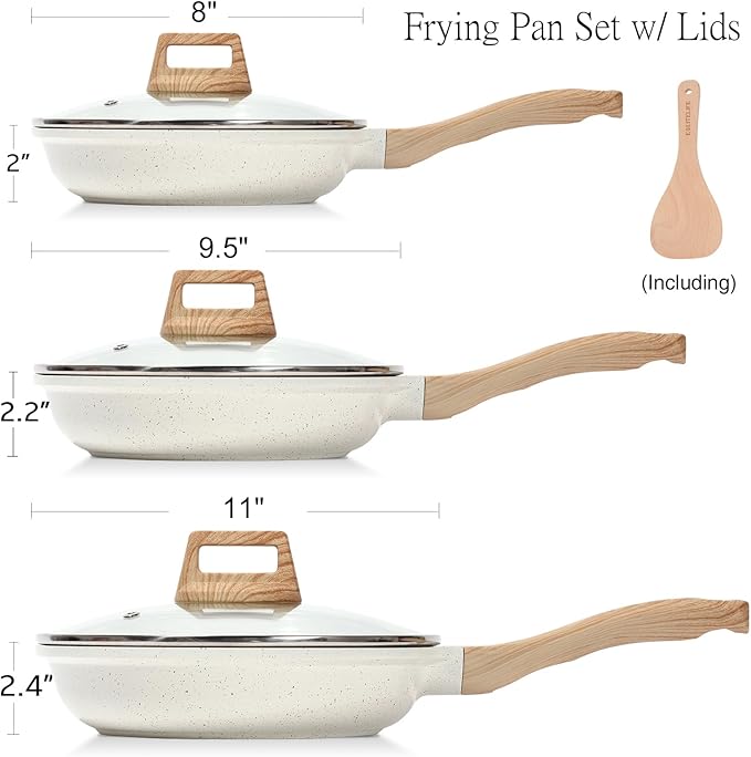 Ceramic Nonstick Frying Pan Set with Lids — PTFE & PFOA Free, All Stovetops, White