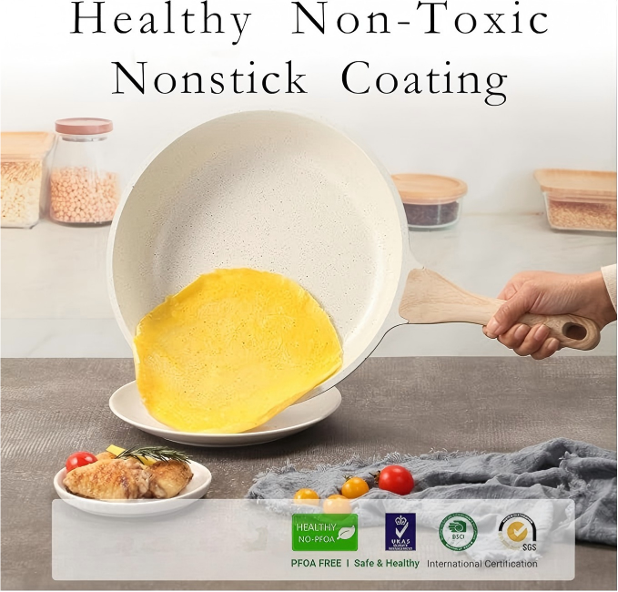 Ceramic Nonstick Frying Pan Set with Lids — PTFE & PFOA Free, All Stovetops, White