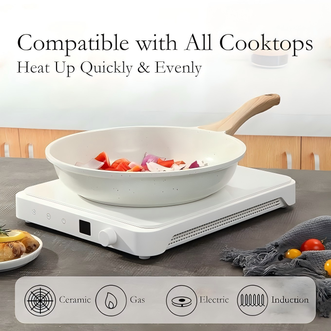 Ceramic Nonstick Frying Pan Set with Lids — PTFE & PFOA Free, All Stovetops, White