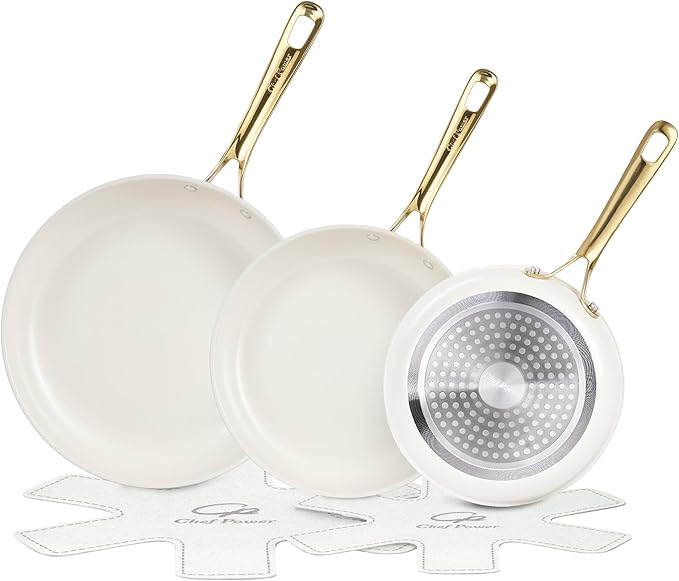 5-Piece Ceramic Nonstick Frying Pan Set — Cream White with Light Gold Stainless Steel Handles, Oven & Dishwasher Safe
