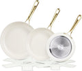 5-Piece Ceramic Nonstick Frying Pan Set — Cream White with Light Gold Stainless Steel Handles, Oven & Dishwasher Safe