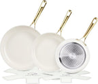5-Piece Ceramic Nonstick Frying Pan Set — Cream White with Light Gold Stainless Steel Handles, Oven & Dishwasher Safe