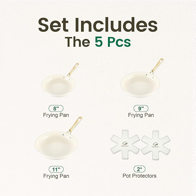 5-Piece Ceramic Nonstick Frying Pan Set — Cream White with Light Gold Stainless Steel Handles, Oven & Dishwasher Safe