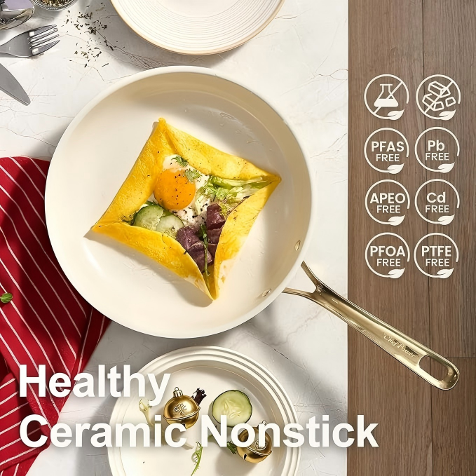 5-Piece Ceramic Nonstick Frying Pan Set — Cream White with Light Gold Stainless Steel Handles, Oven & Dishwasher Safe