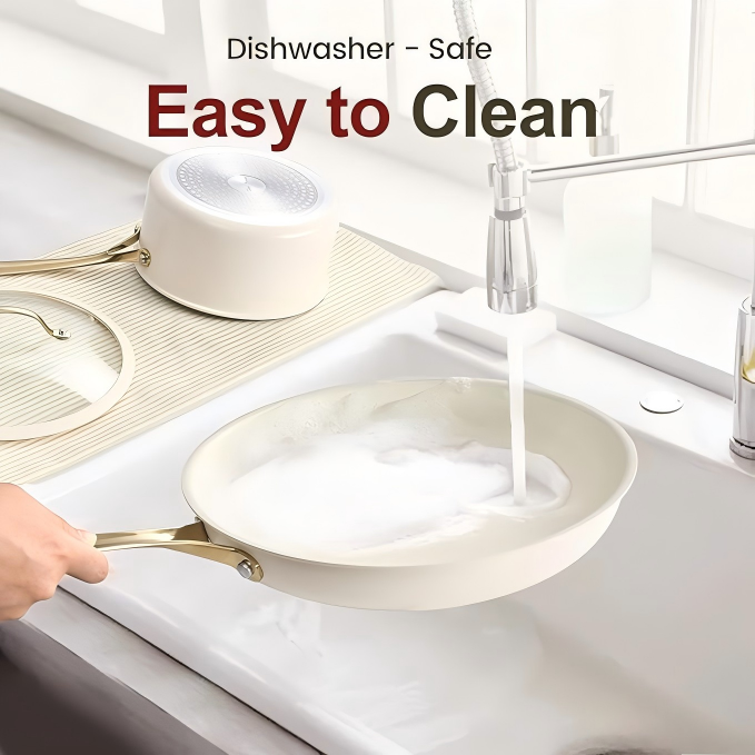 5-Piece Ceramic Nonstick Frying Pan Set — Cream White with Light Gold Stainless Steel Handles, Oven & Dishwasher Safe