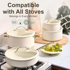 5-Piece Ceramic Nonstick Frying Pan Set — Cream White with Light Gold Stainless Steel Handles, Oven & Dishwasher Safe