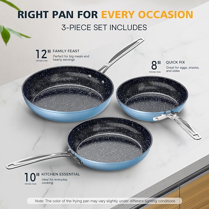 3-Piece Forged Fry Pan Set — 8", 10" & 12" Duralon Blue Ceramic Nonstick, Blue, Induction Ready