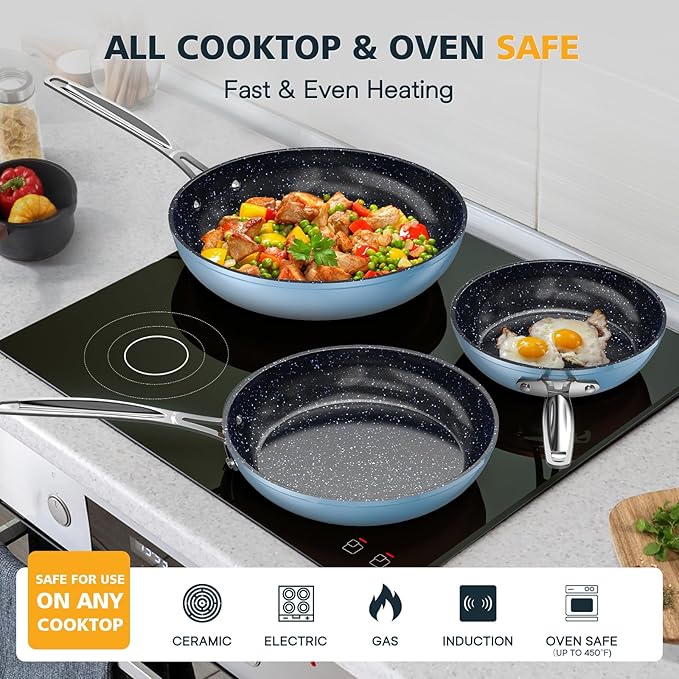 3-Piece Forged Fry Pan Set — 8", 10" & 12" Duralon Blue Ceramic Nonstick, Blue, Induction Ready