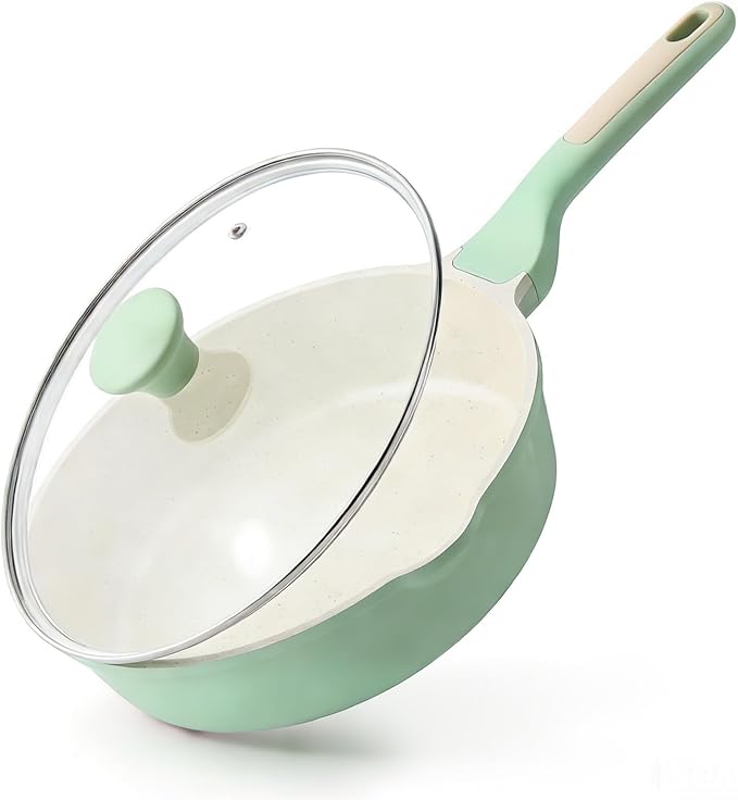 10" Ceramic Nonstick Deep Skillet with Lid — 3.5 Qt Sauté Pan, Induction Safe, Green