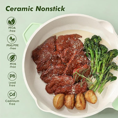 10" Ceramic Nonstick Deep Skillet with Lid — 3.5 Qt Sauté Pan, Induction Safe, Green