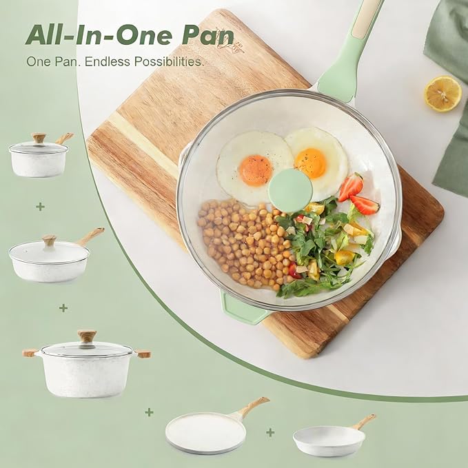 10" Ceramic Nonstick Deep Skillet with Lid — 3.5 Qt Sauté Pan, Induction Safe, Green