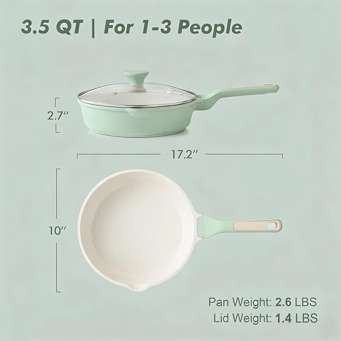 10" Ceramic Nonstick Deep Skillet with Lid — 3.5 Qt Sauté Pan, Induction Safe, Green