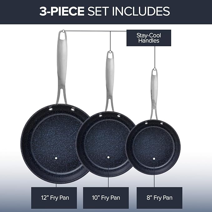 3-Piece Forged Fry Pan Set — 8", 10" & 12" Duralon Blue Ceramic Nonstick, Black, Induction Ready