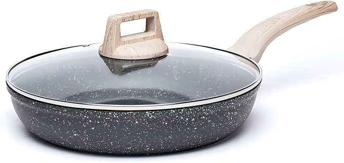 10" Granite Nonstick Frying Pan with Glass Lid — PFOA Free Stone Chef's Skillet, Black