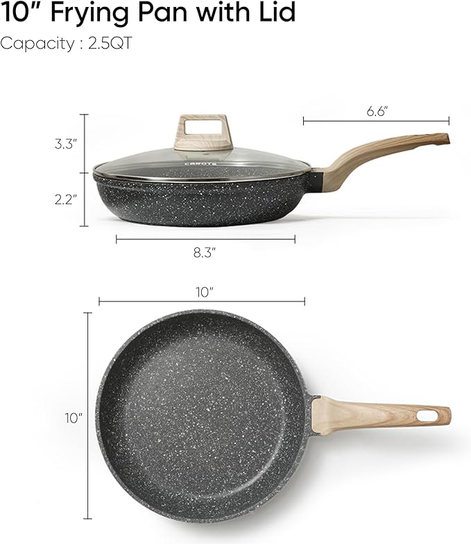 10" Granite Nonstick Frying Pan with Glass Lid — PFOA Free Stone Chef's Skillet, Black