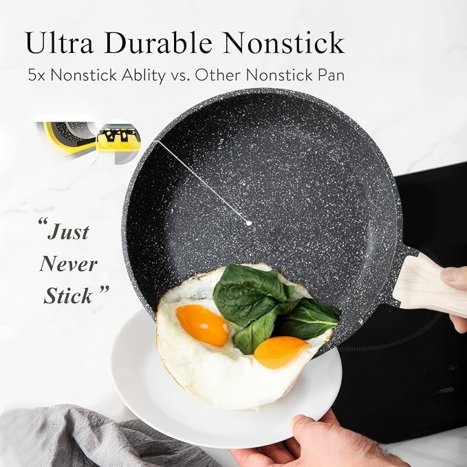 10" Granite Nonstick Frying Pan with Glass Lid — PFOA Free Stone Chef's Skillet, Black