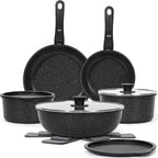15-Piece Nonstick Cookware Set with Detachable Handles — Stackable, Induction & Oven Safe, Black