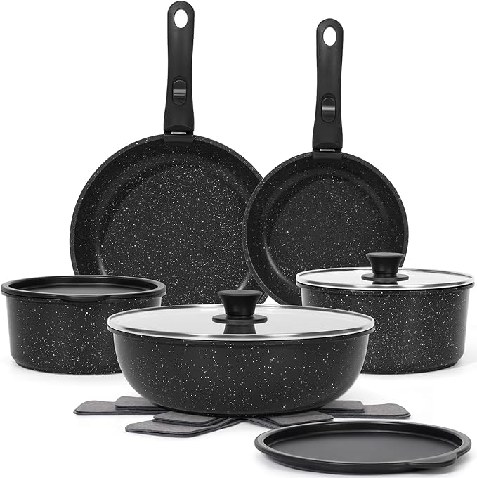 15-Piece Nonstick Cookware Set with Detachable Handles — Stackable, Induction & Oven Safe, Black