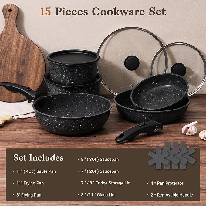 15-Piece Nonstick Cookware Set with Detachable Handles — Stackable, Induction & Oven Safe, Black