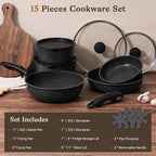 15-Piece Nonstick Cookware Set with Detachable Handles — Stackable, Induction & Oven Safe, Black
