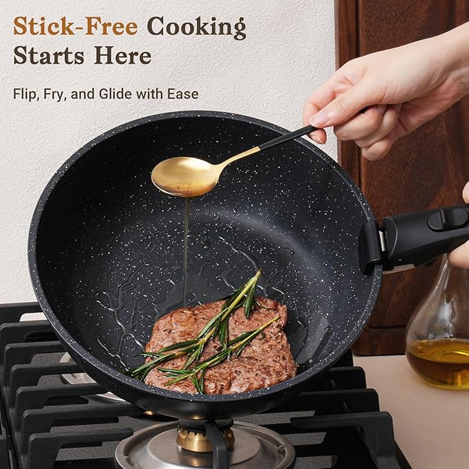 15-Piece Nonstick Cookware Set with Detachable Handles — Stackable, Induction & Oven Safe, Black