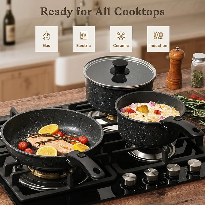 15-Piece Nonstick Cookware Set with Detachable Handles — Stackable, Induction & Oven Safe, Black